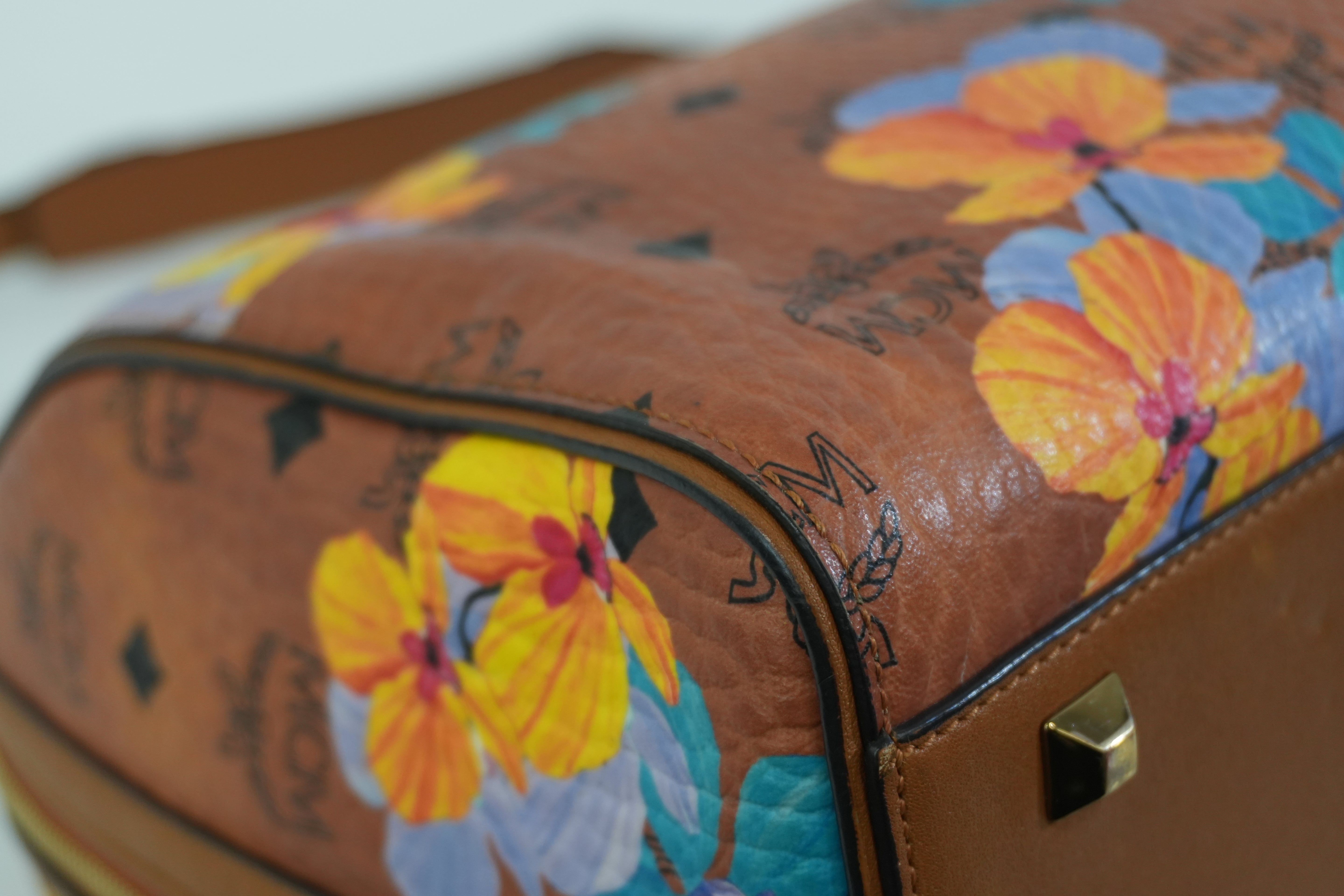 Pre-owned MCM Orchid Floral Two Way Visetos Mini Boston Cognac Used