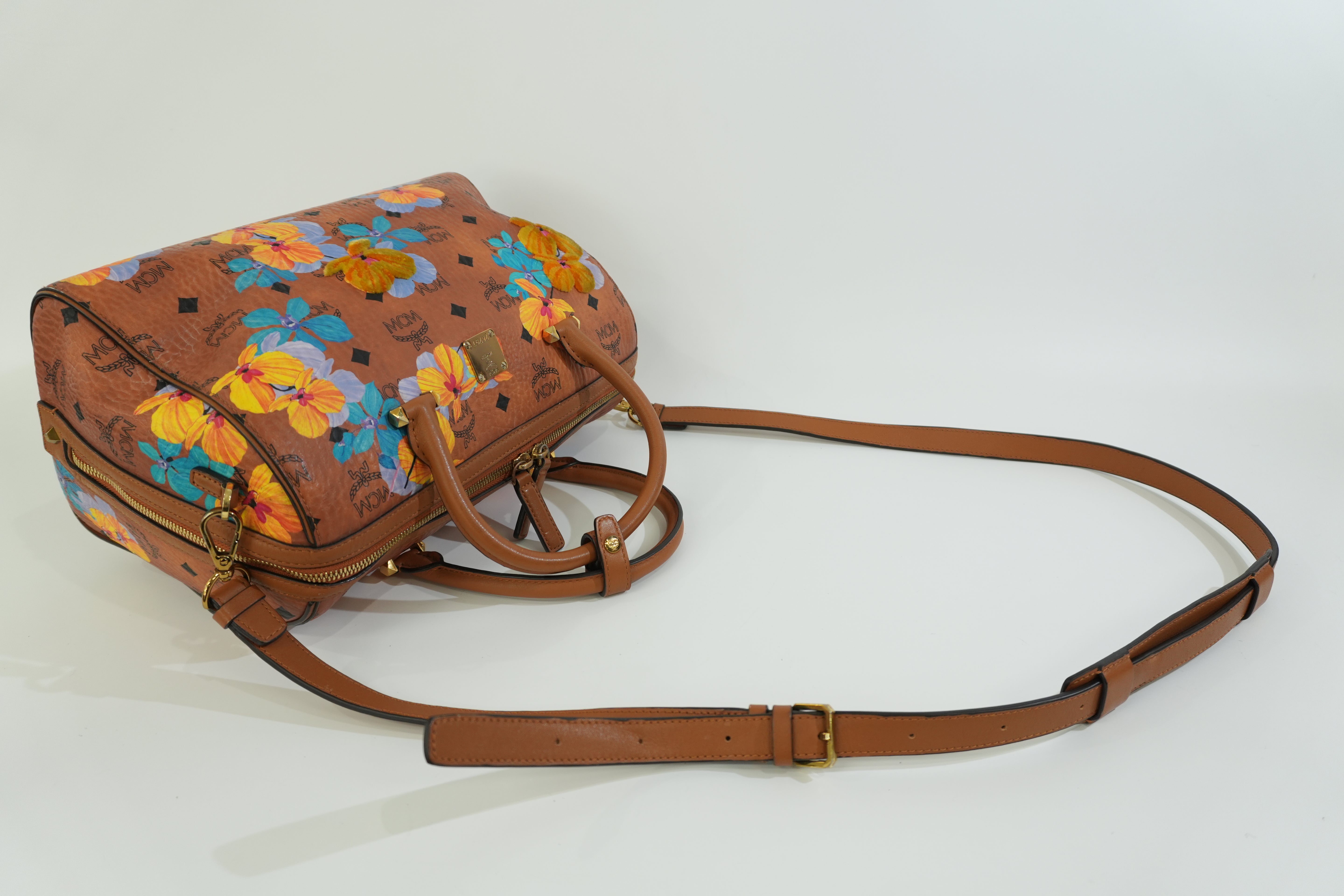 Pre-owned MCM Orchid Floral Two Way Visetos Mini Boston Cognac Used