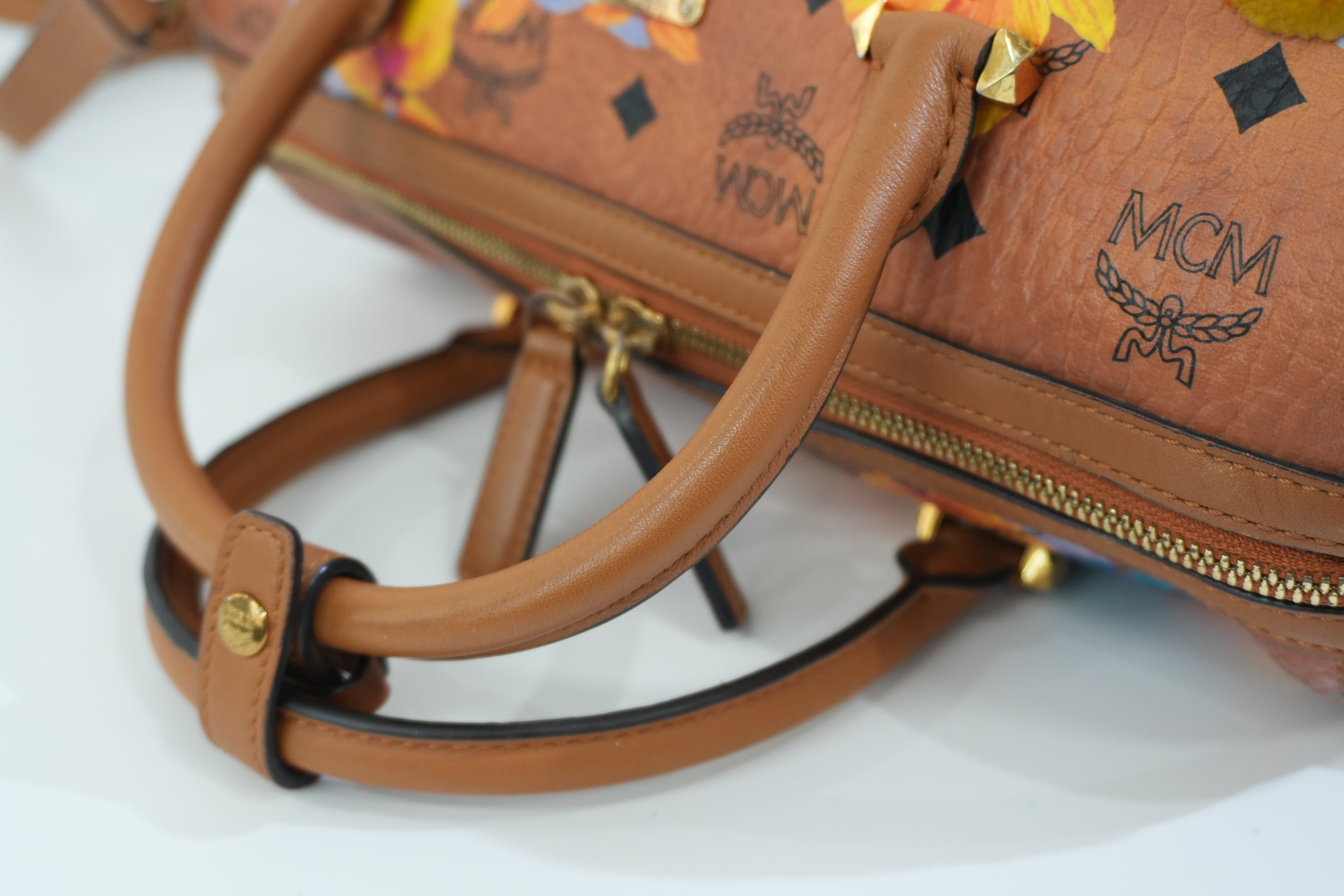 Pre-owned MCM Orchid Floral Two Way Visetos Mini Boston Cognac Used