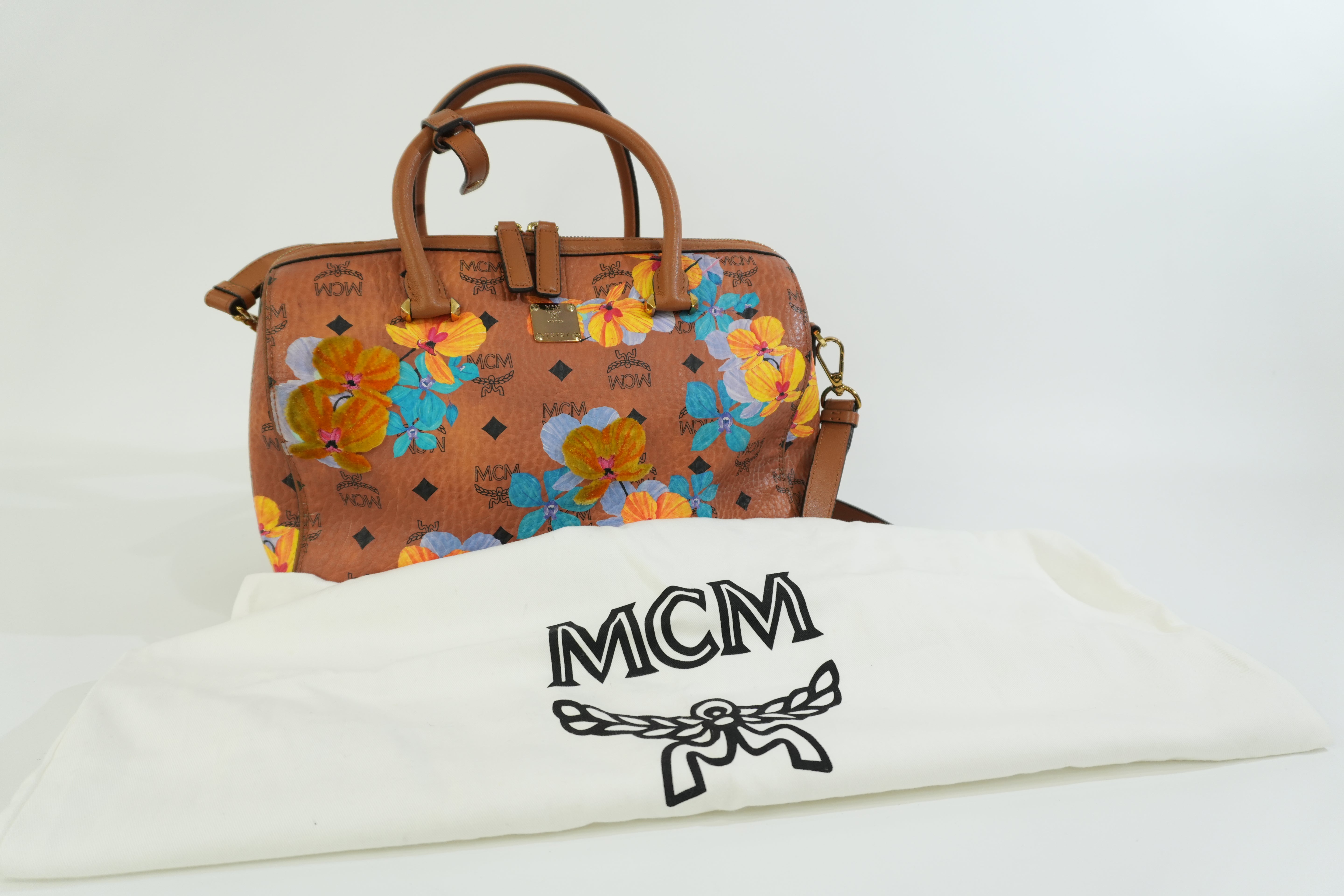 Pre-owned MCM Orchid Floral Two Way Visetos Mini Boston Cognac Used