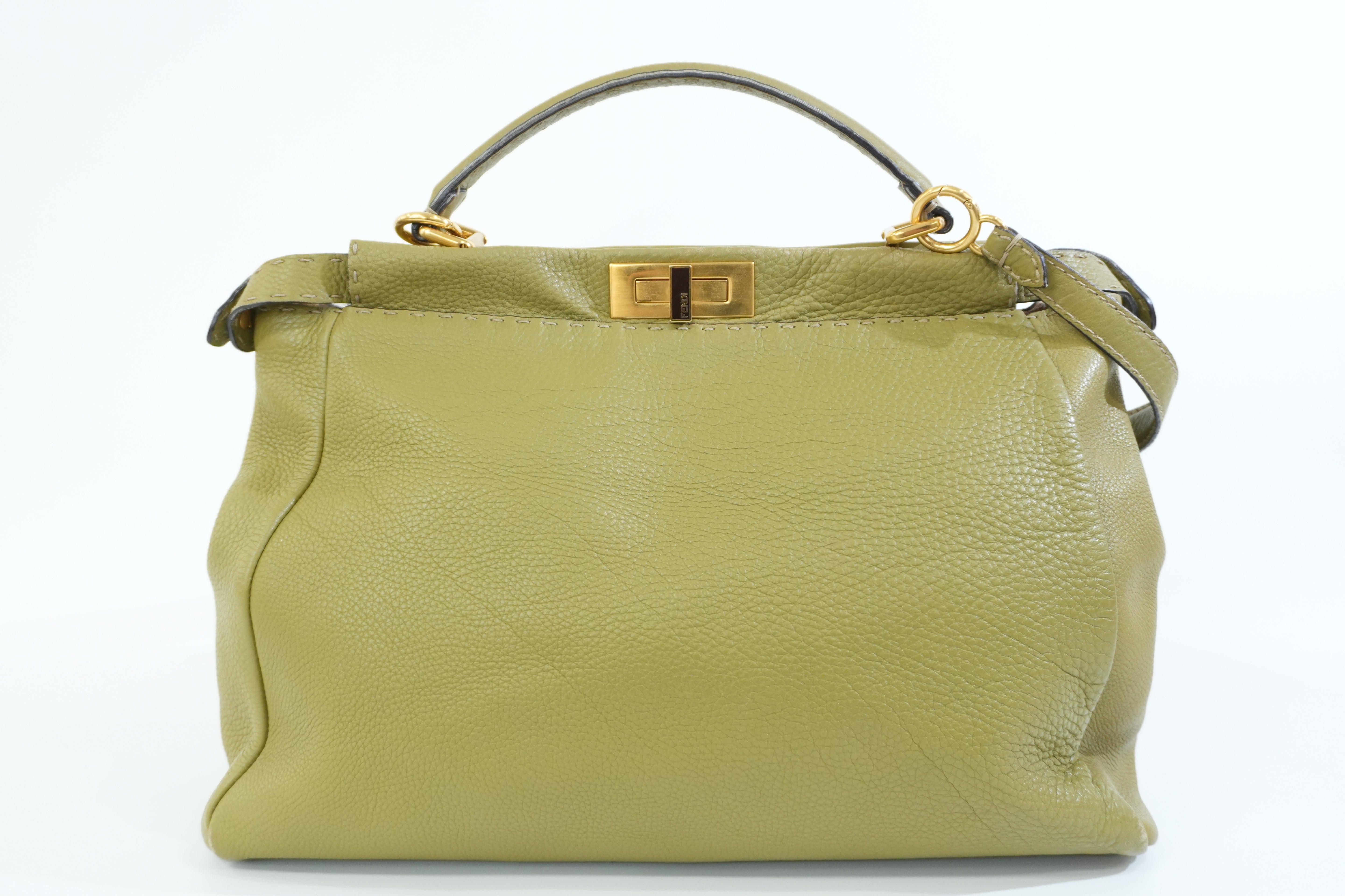 Pre-owned Fendi Calfskin Leather Peek a Boo Shoulder Bag Green Used