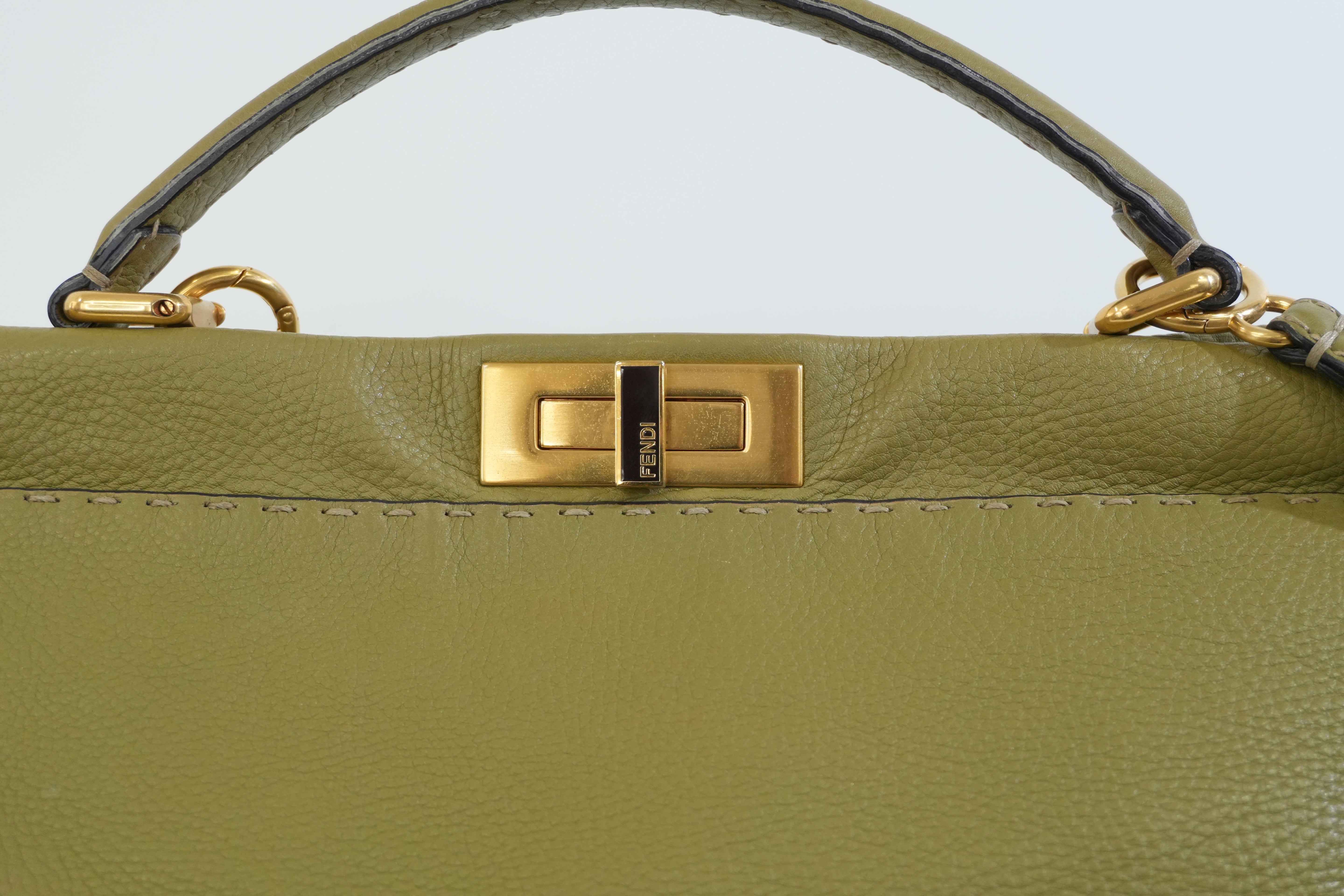 Pre-owned Fendi Calfskin Leather Peek a Boo Shoulder Bag Green Used