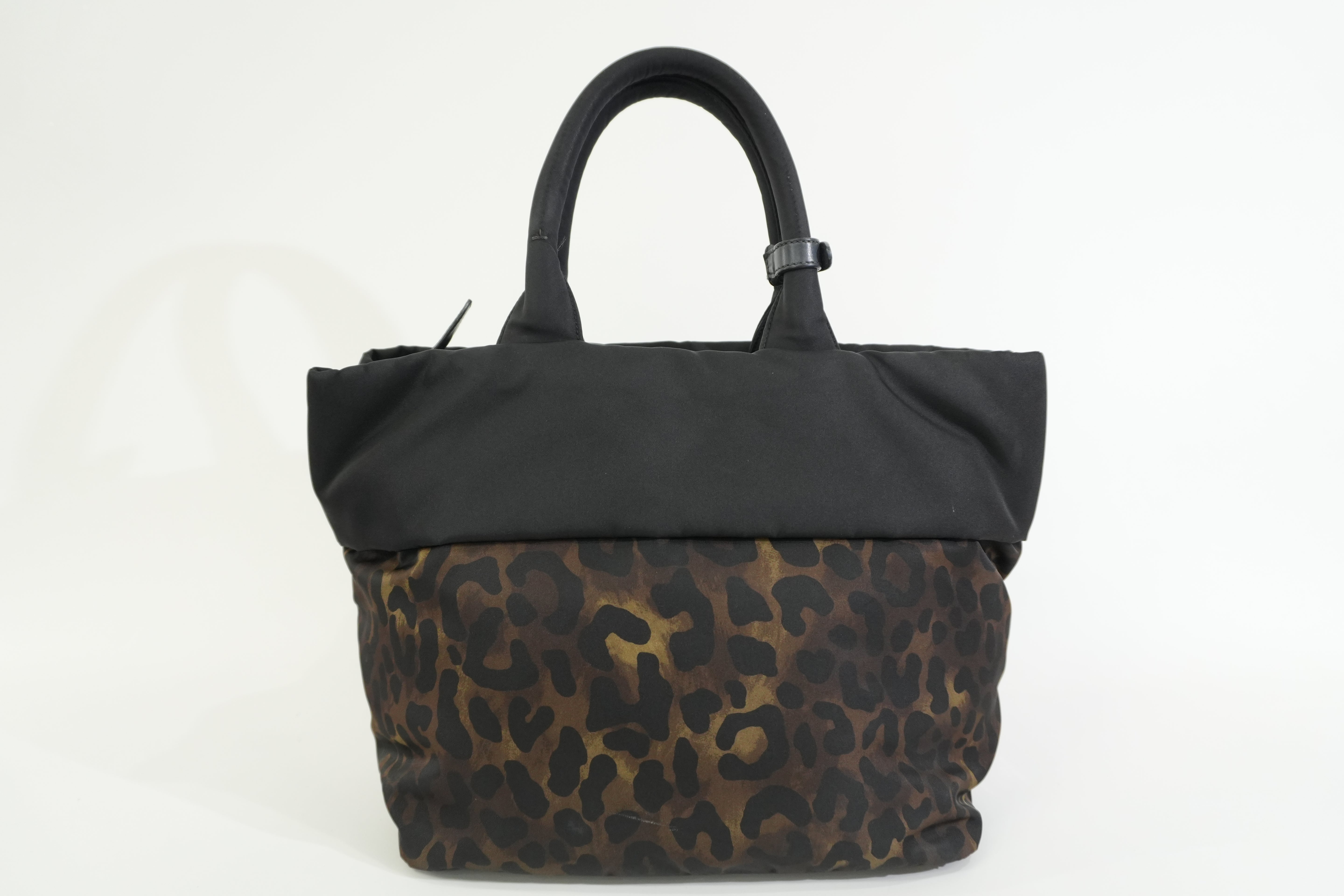 Pre-owned Prada Nylon Padded Animal Print Handbag Brown and Black