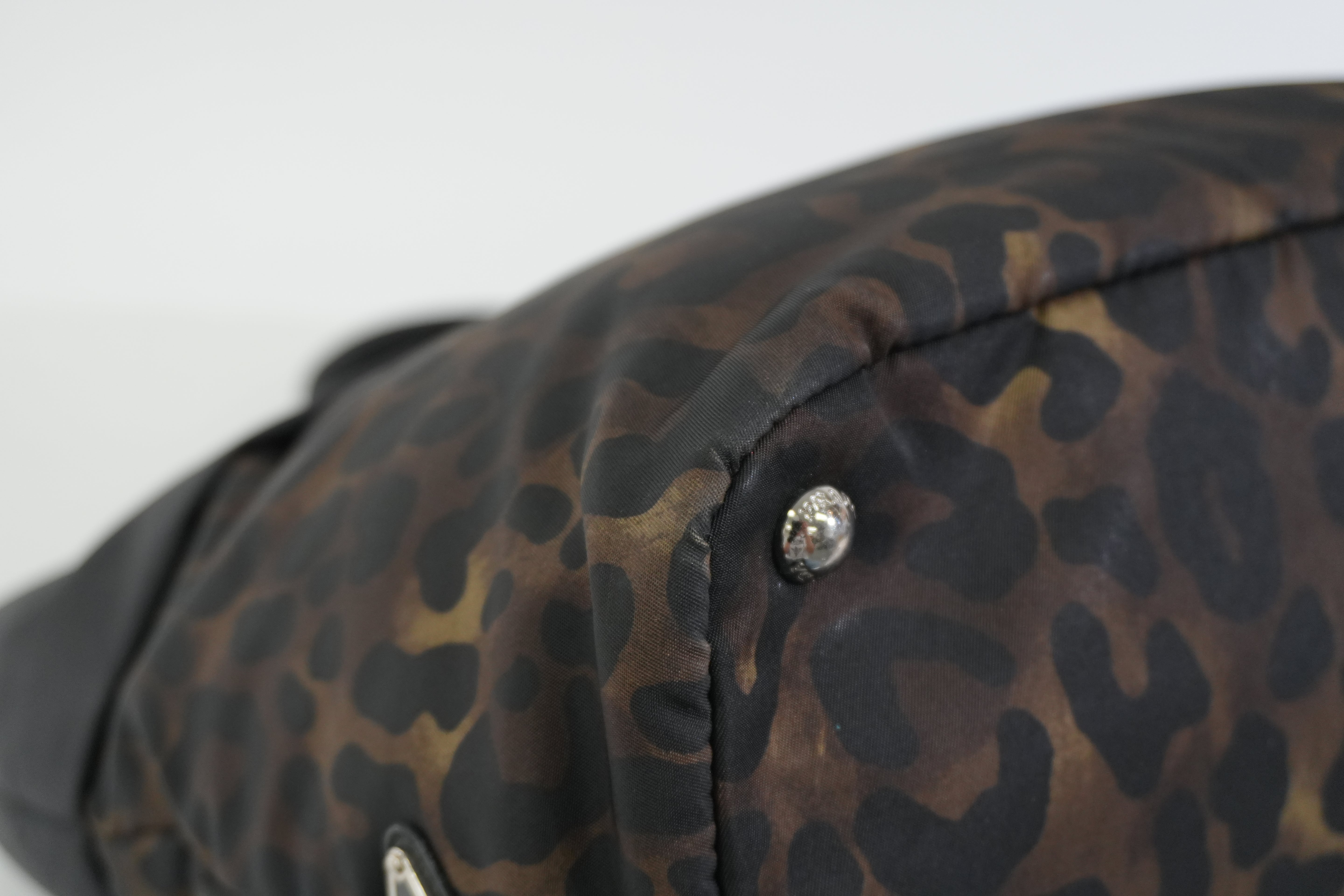 Pre-owned Prada Nylon Padded Animal Print Handbag Brown and Black