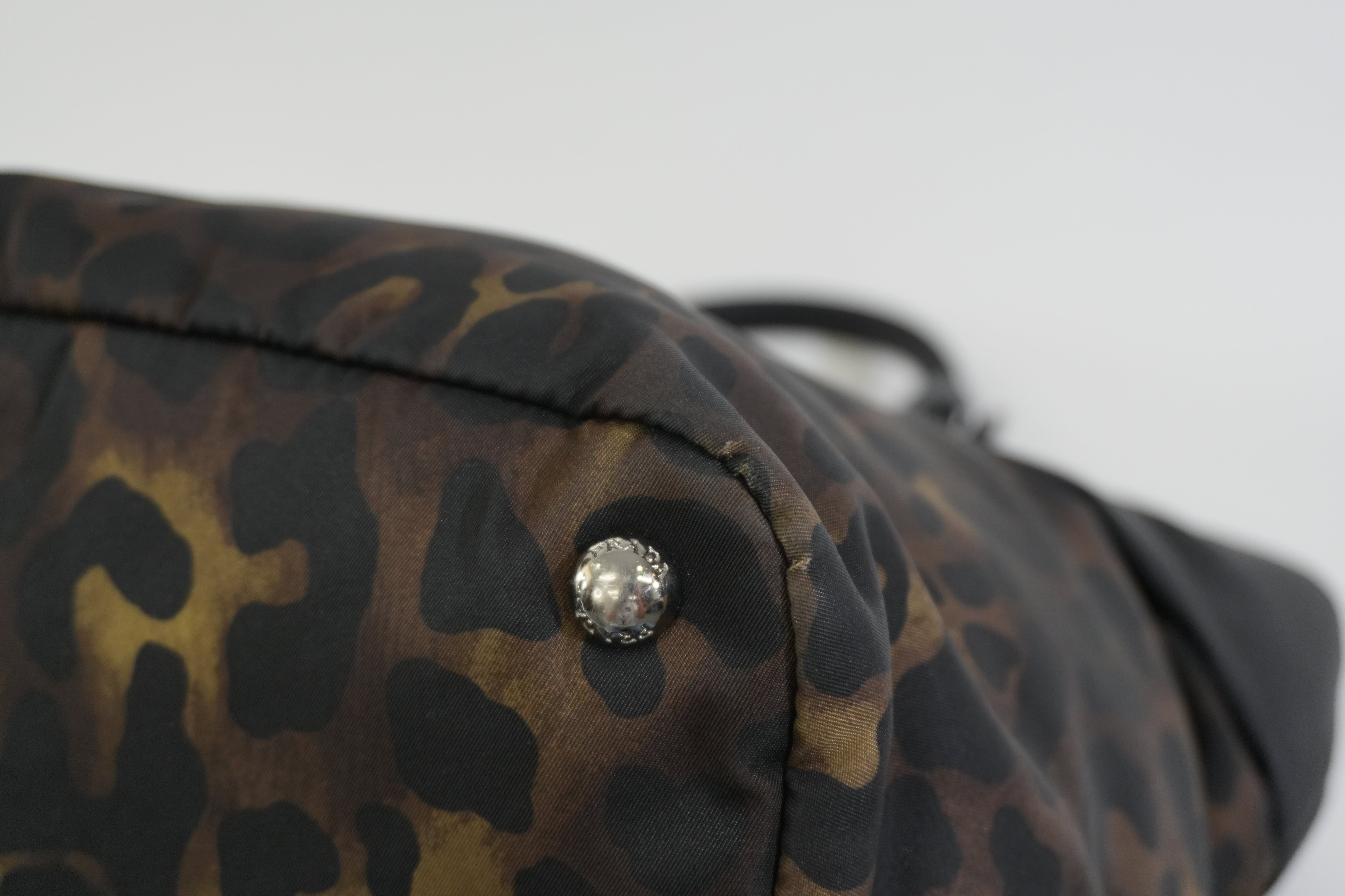 Pre-owned Prada Nylon Padded Animal Print Handbag Brown and Black