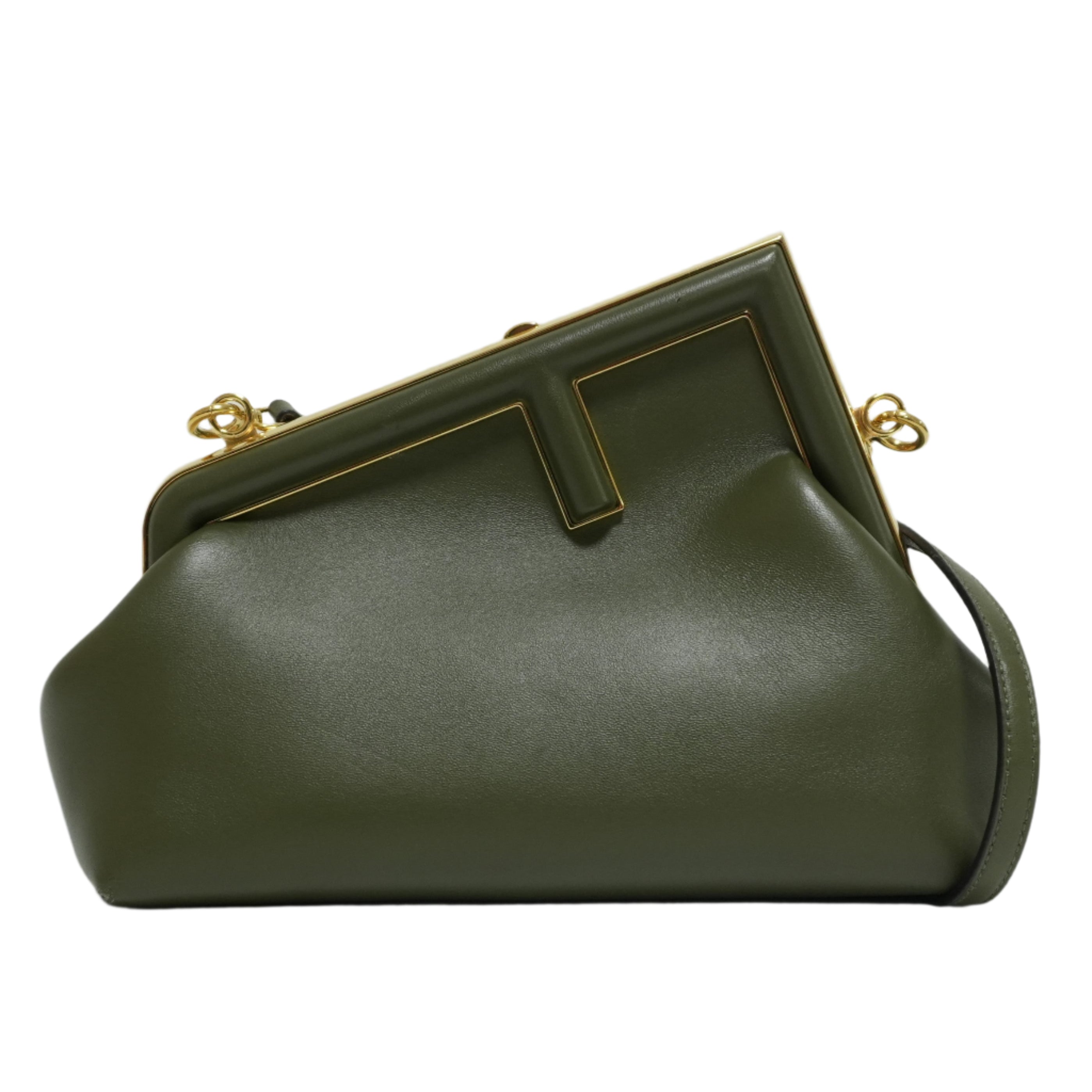 Fendi Leather First Clutch Shoulder Bag Green Used