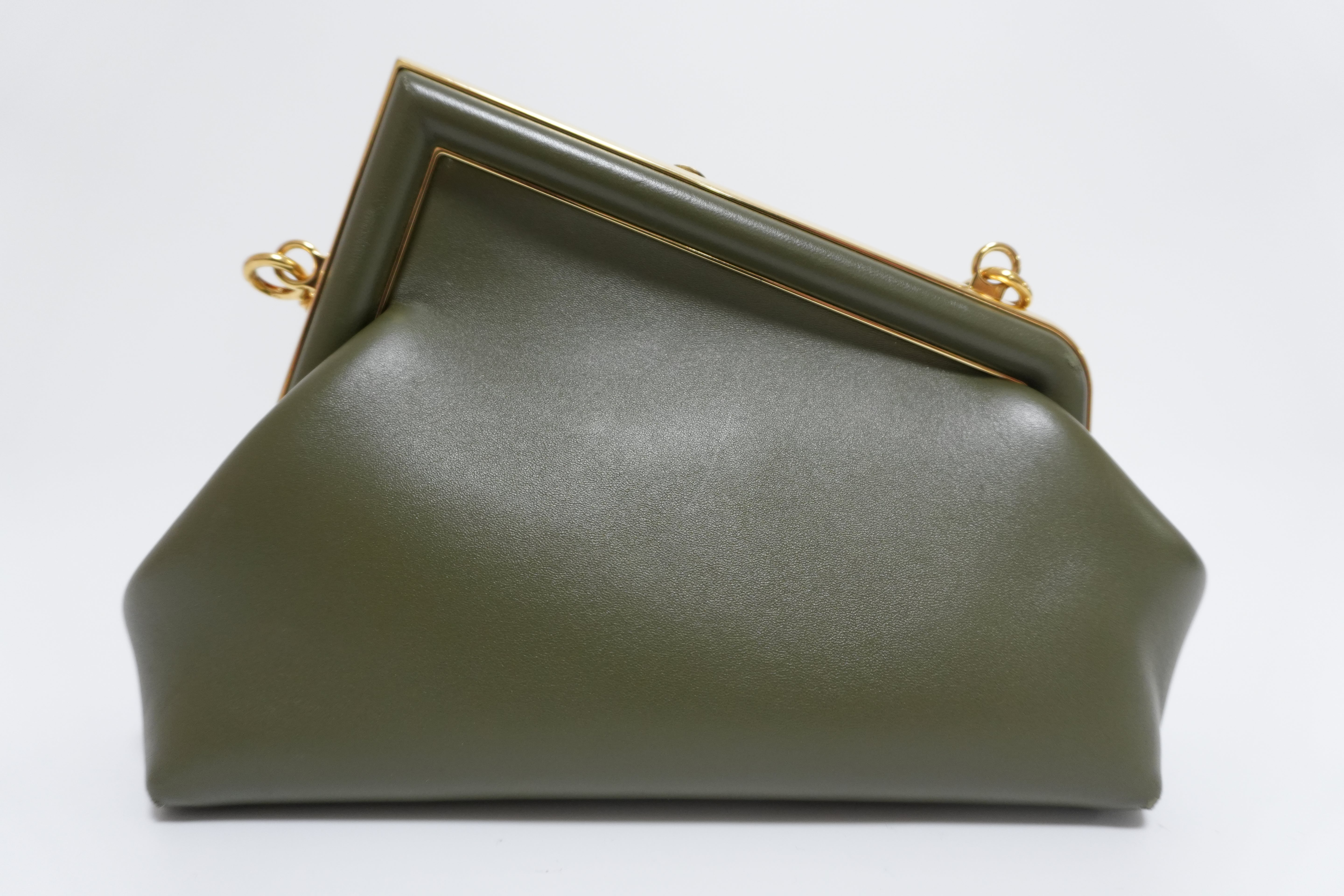 Fendi Leather First Clutch Shoulder Bag Green Used