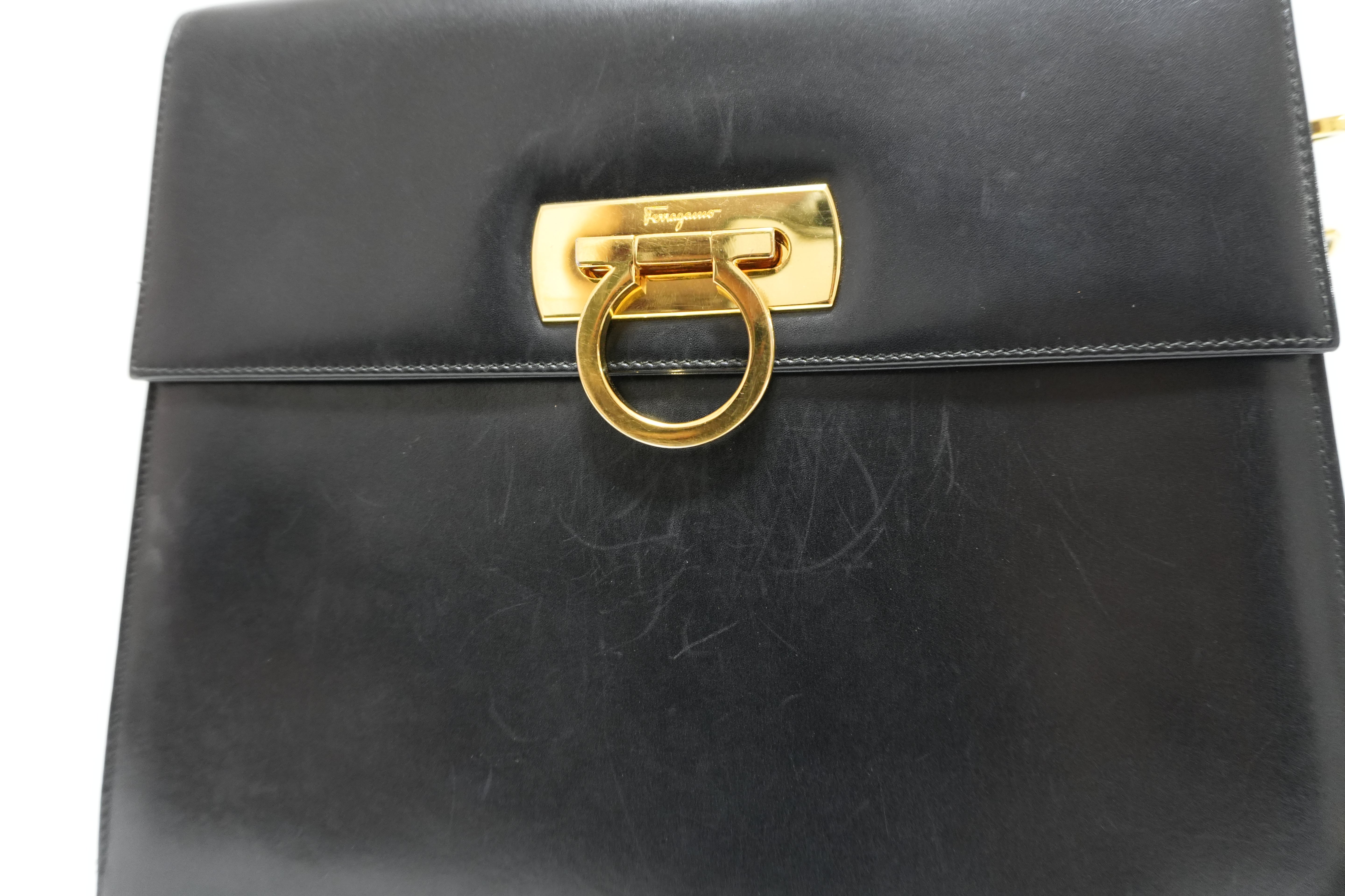 Ferragamo Gancini Handbag Black Leather Used