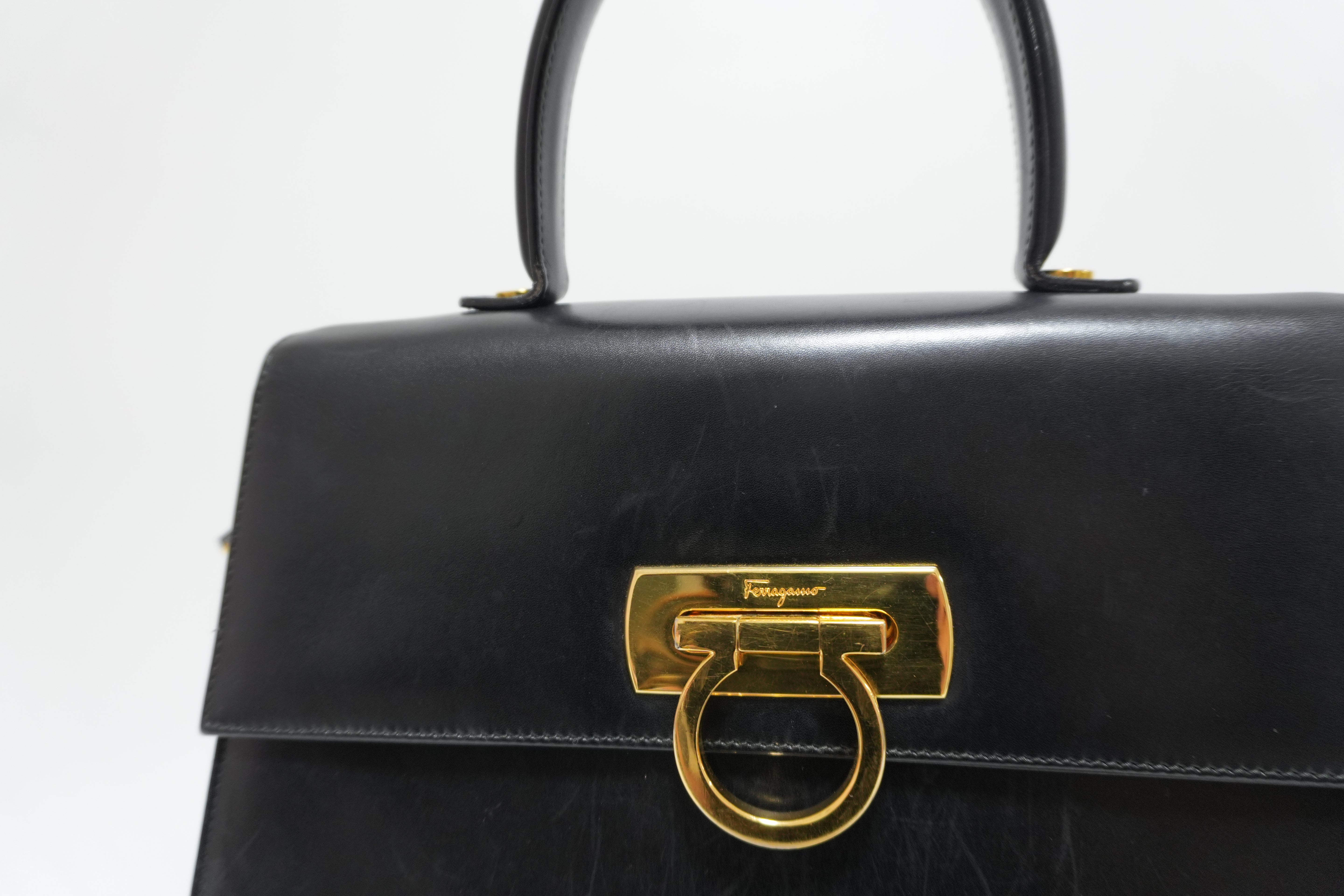 Ferragamo Gancini Handbag Black Leather Used