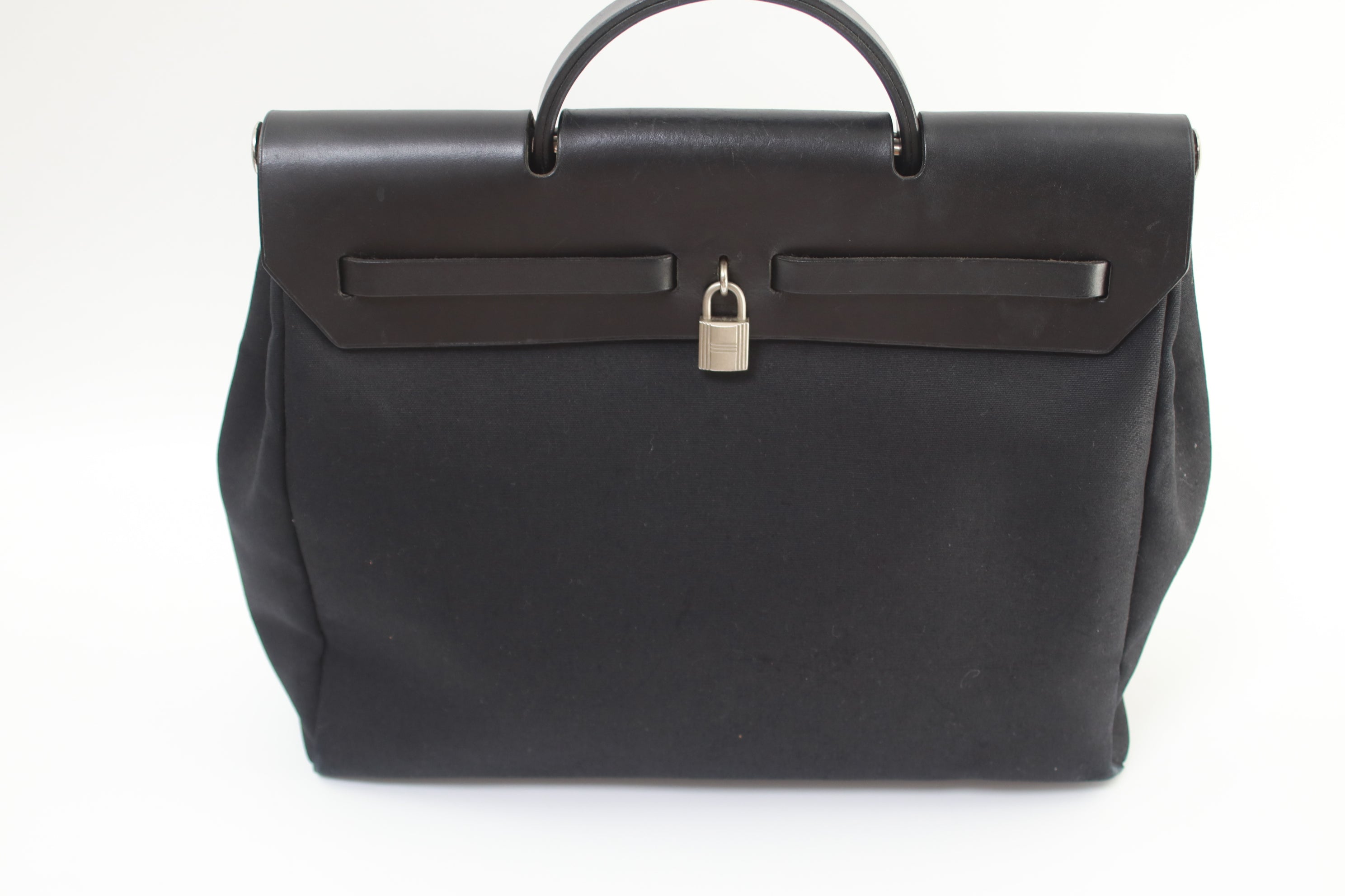 Hermes Herbag Zip Black MM Canvas Handbag Used (6728)