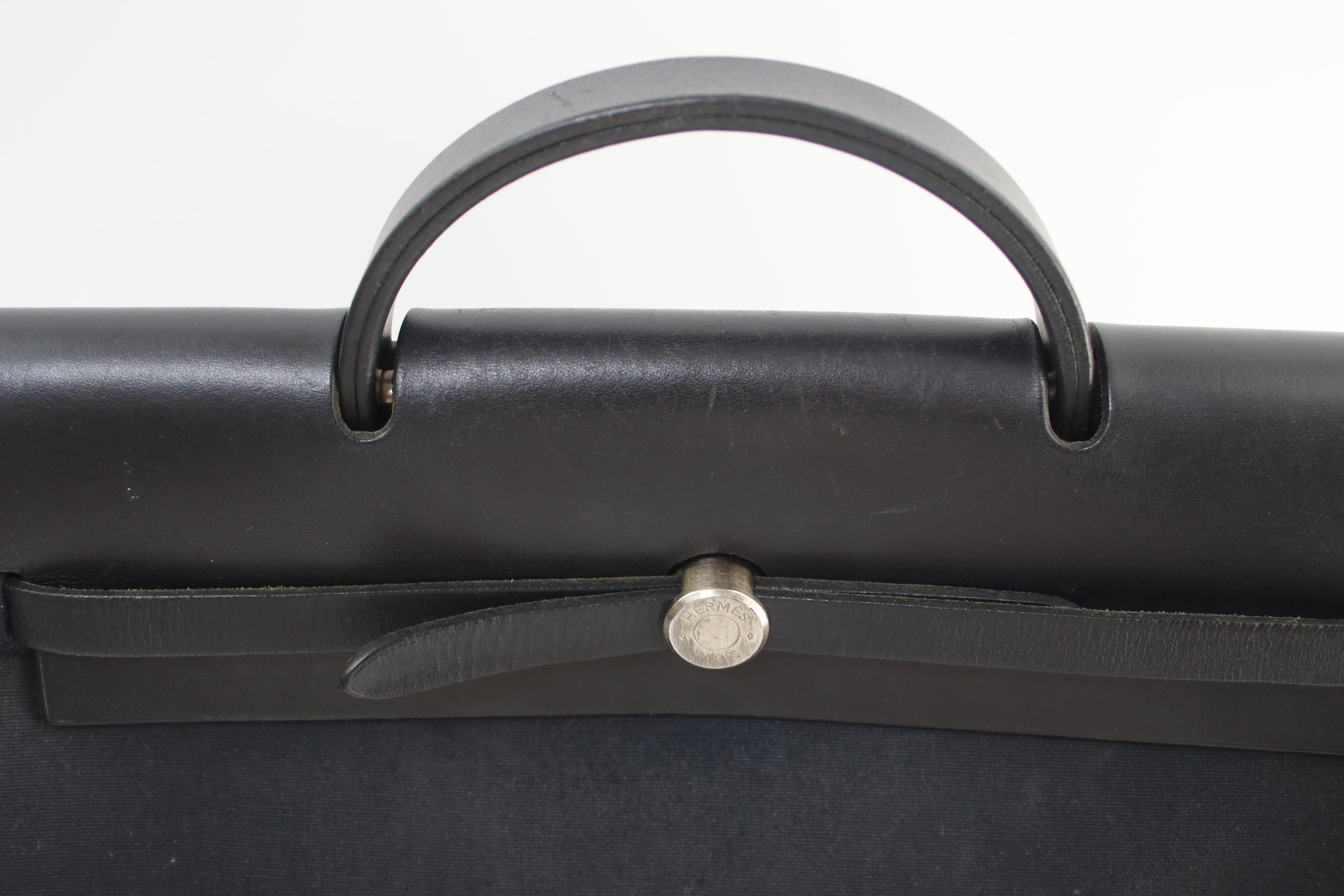 Hermes Herbag Zip Black MM Canvas Handbag Used (6728)
