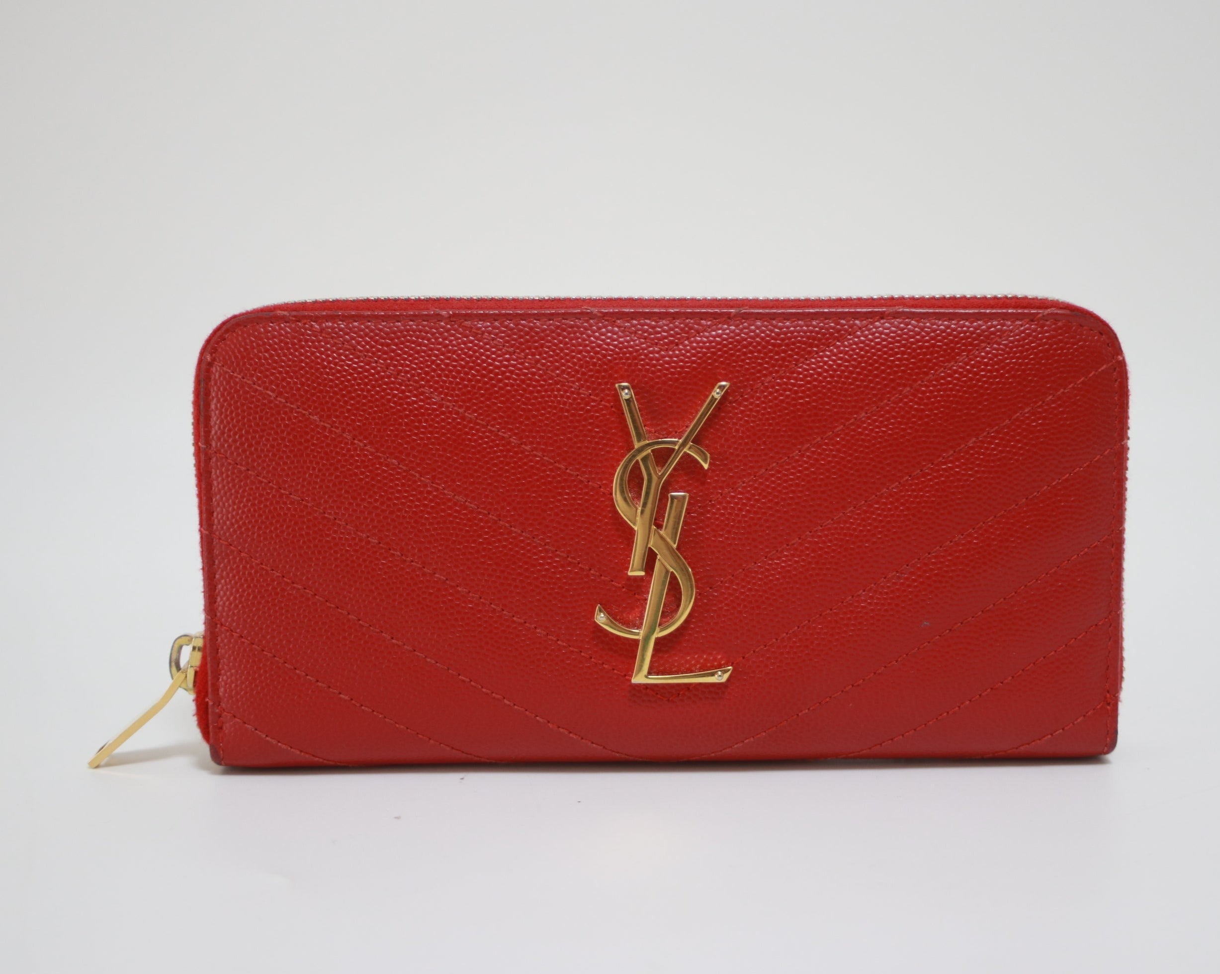 YSL Zippy Long Wallet Red Used (7843)