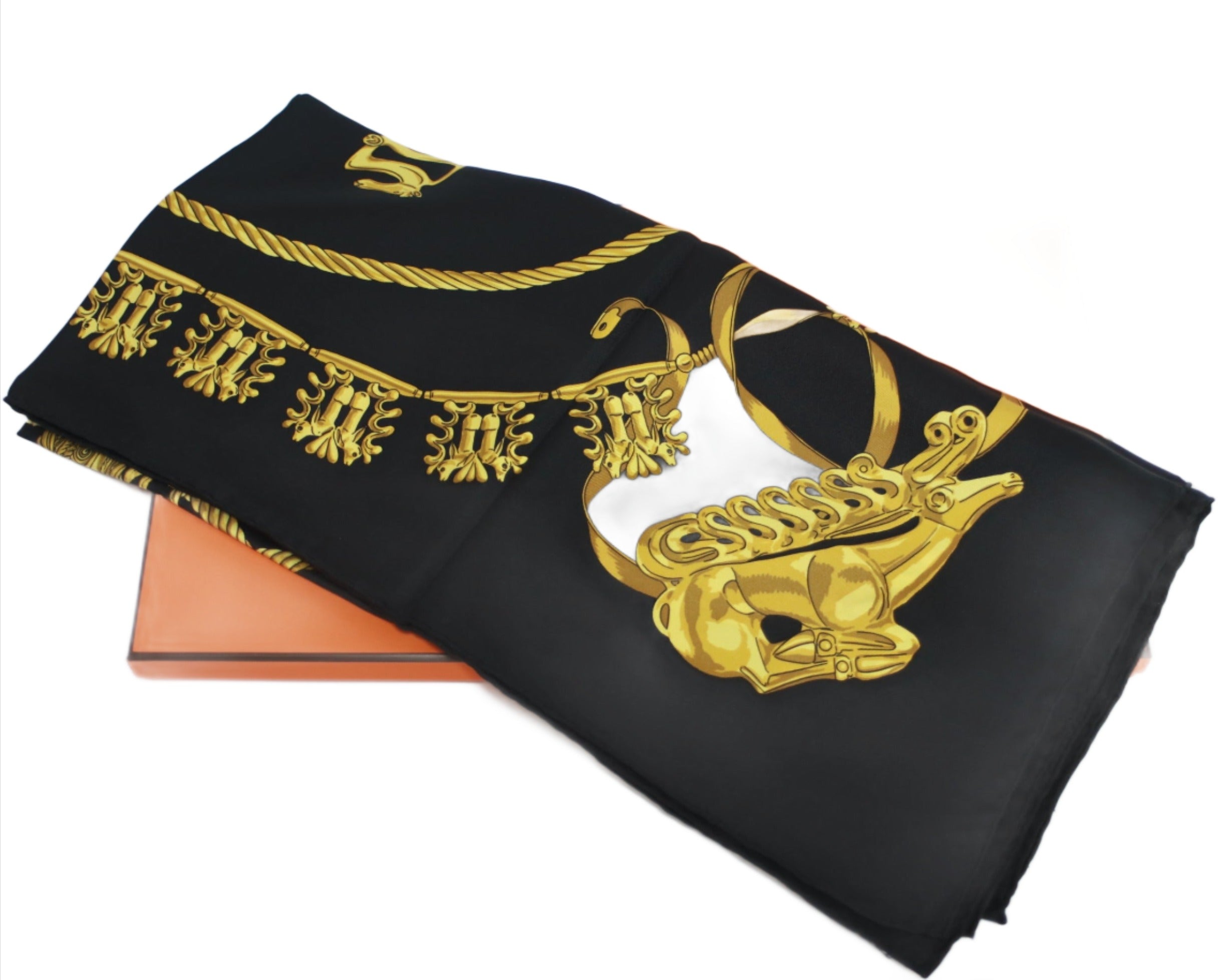 Hermes Scarf Black and Gold Used (7700)