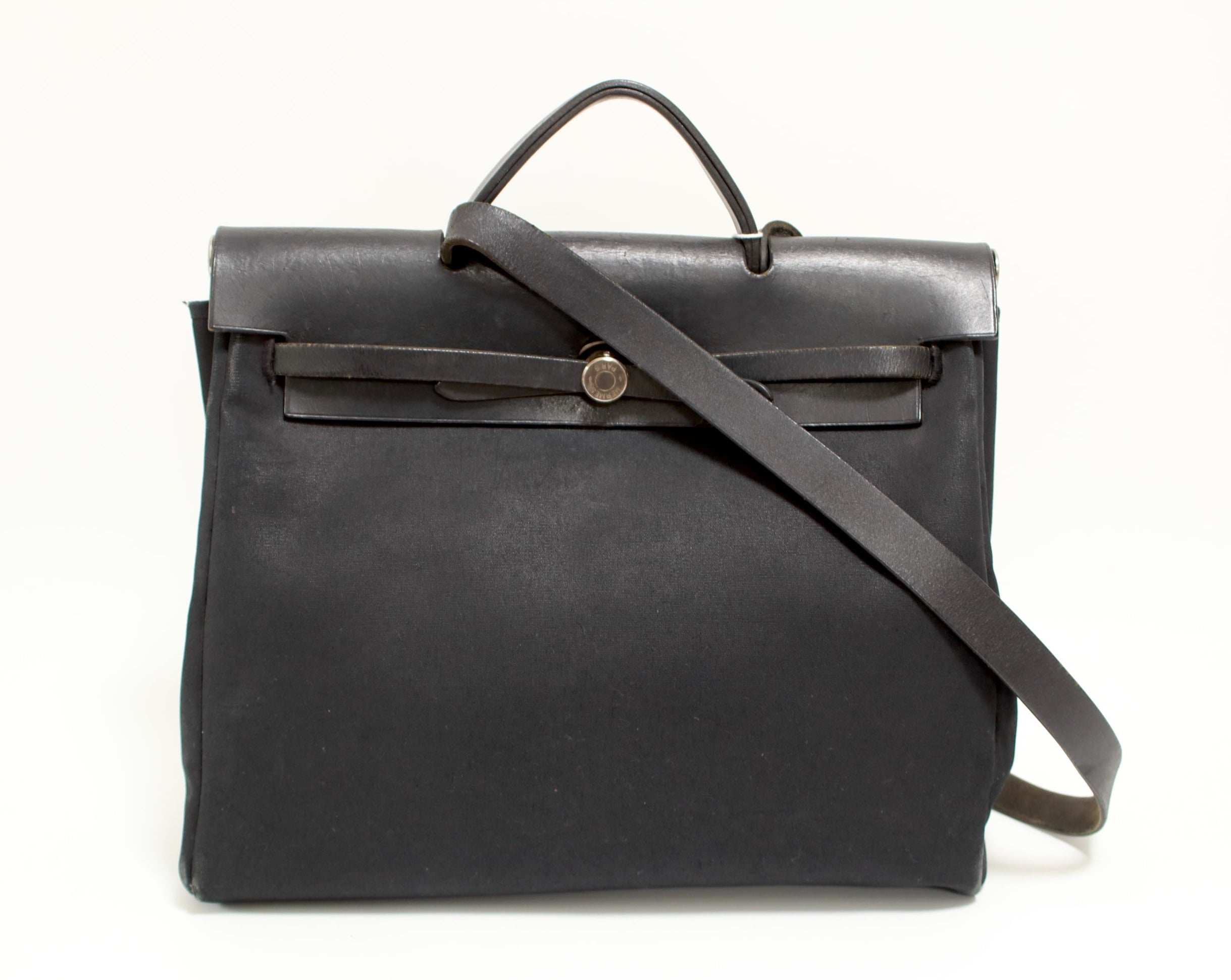 Hermes Herbag Black Canvas Shoulder Bag Used (6674)