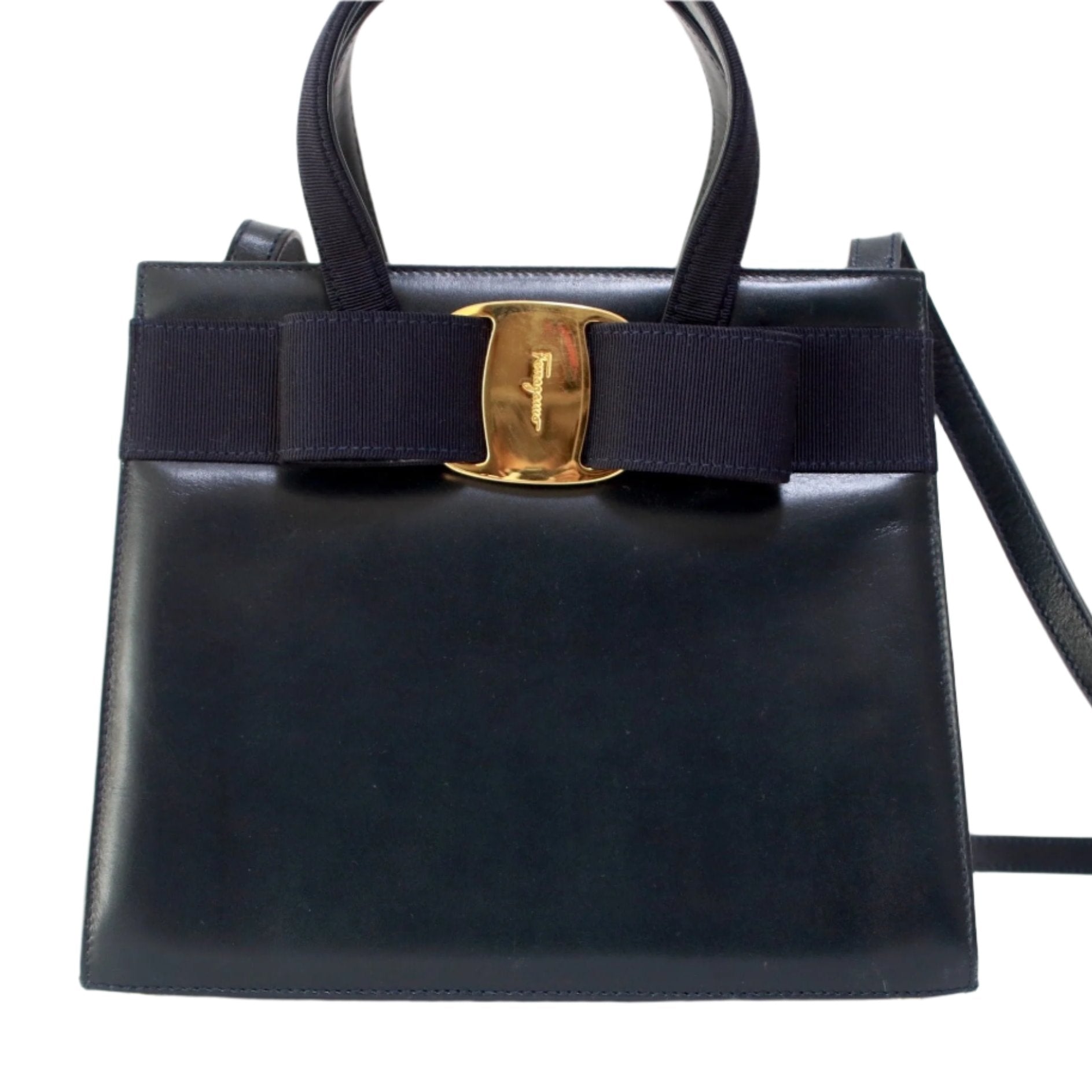 Ferragamo Two Way Vara Bow Shoulder Bag Navy Blue Used (7045)