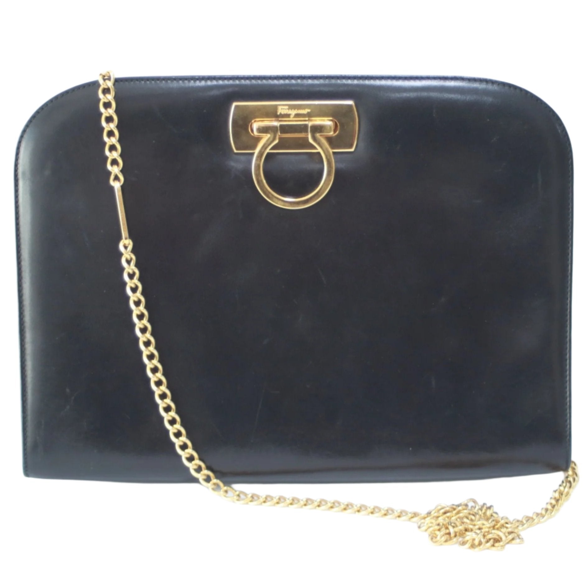 Ferragamo Chain Shoulder Bag Black Used