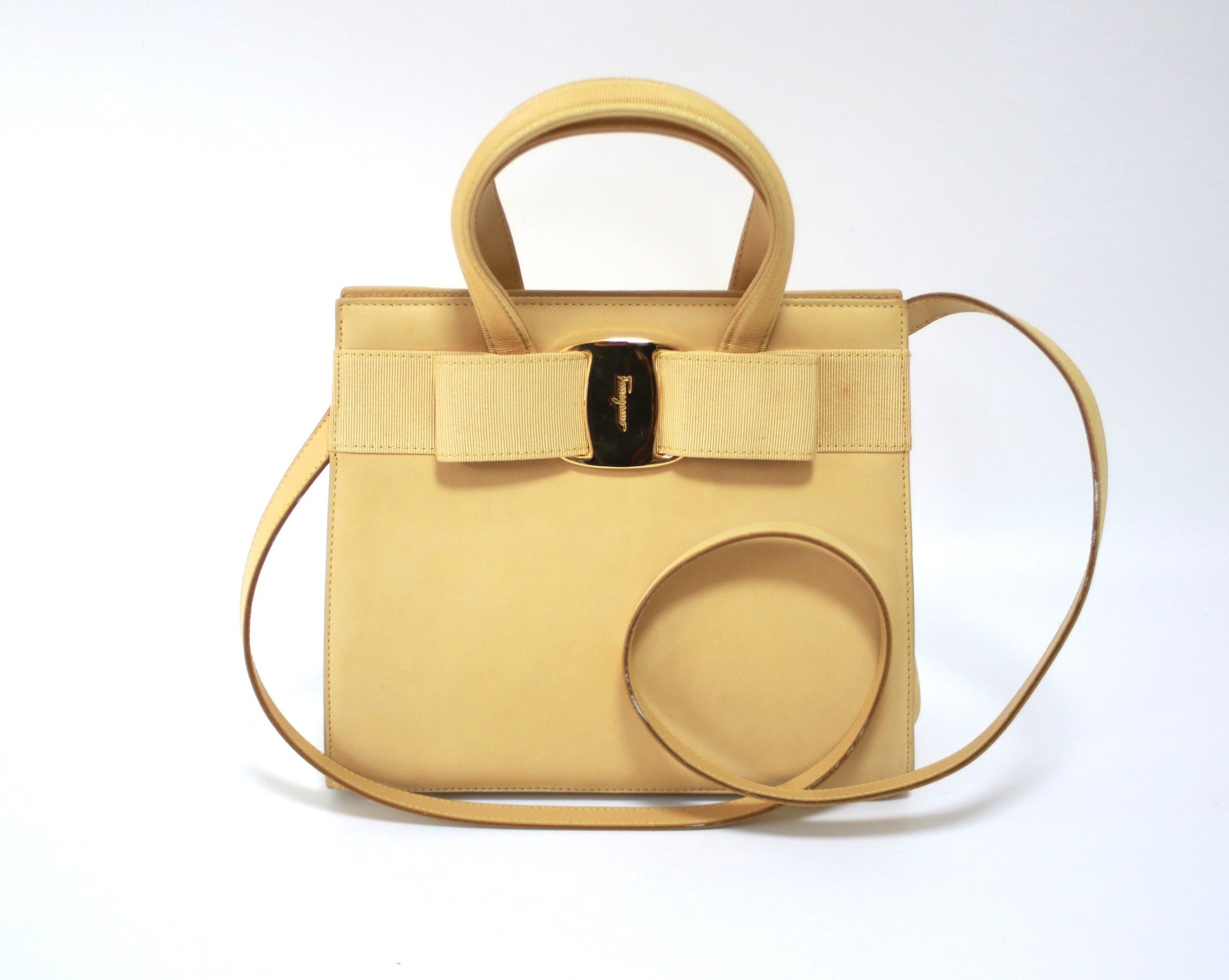 Salvatore Ferragamo Two Way Yellow Beige Handbag Used (7525)