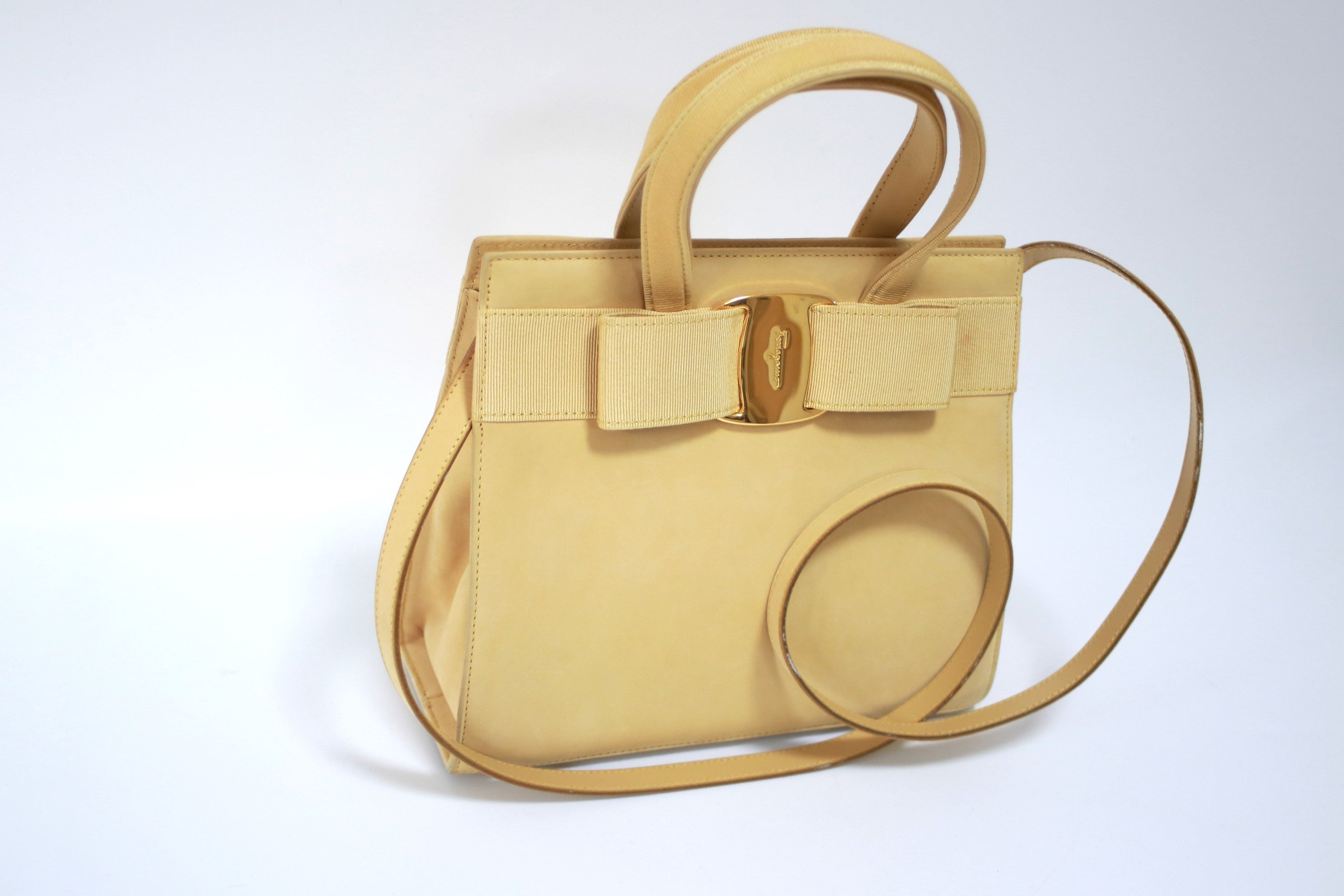 Salvatore Ferragamo Two Way Yellow Beige Handbag Used (7525)