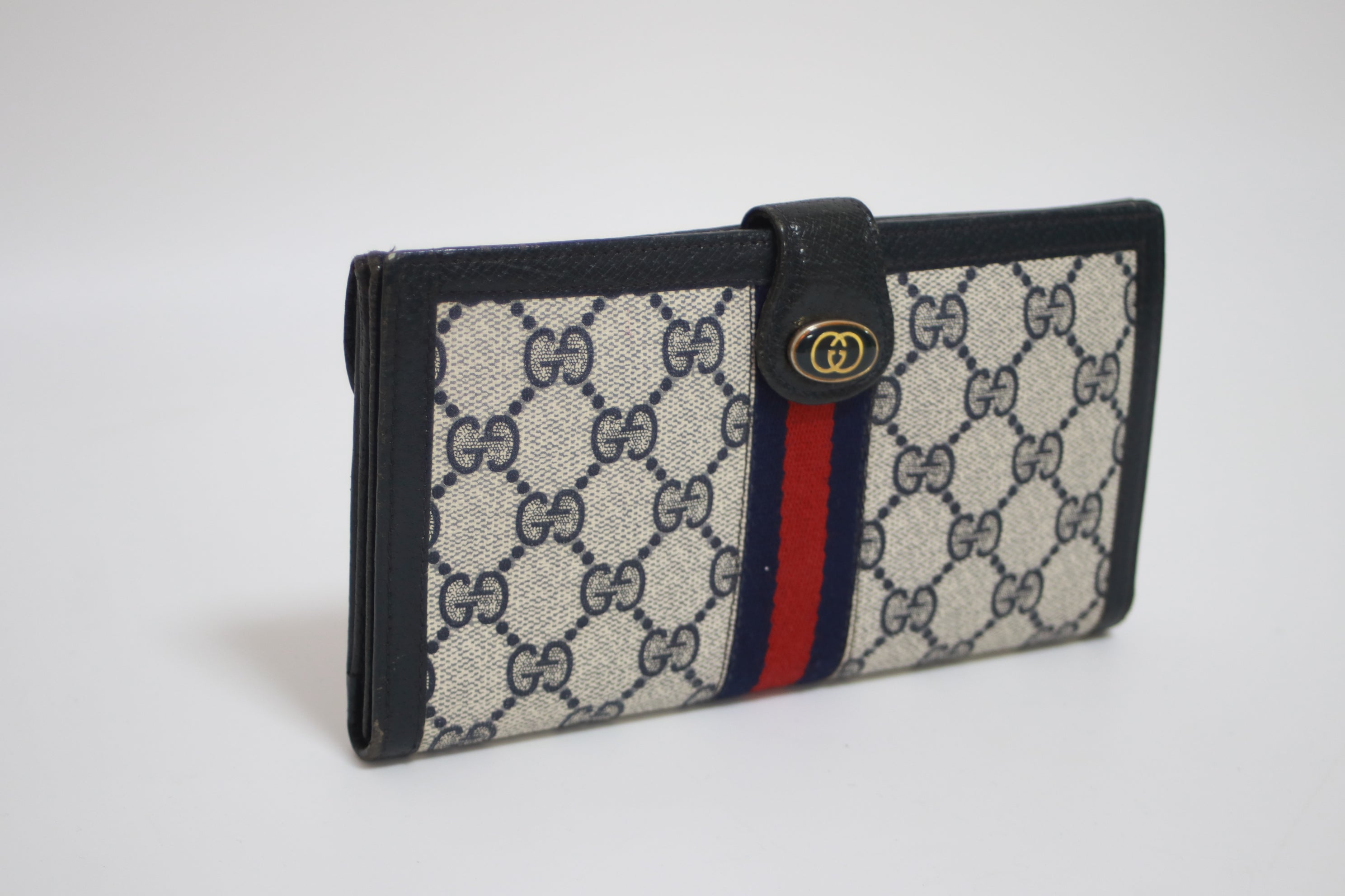 Gucci Web Long Wallet Navy Blue Used (7605)
