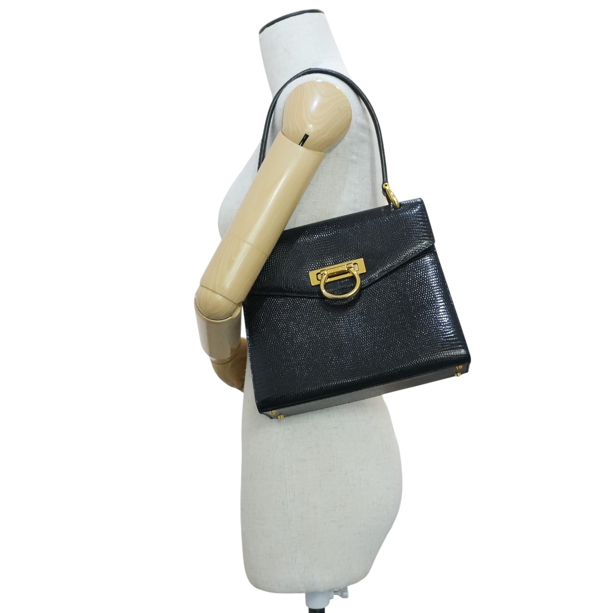 Pre-owned Celine Lizard Leather Box Pattern Shoulder Bag Black