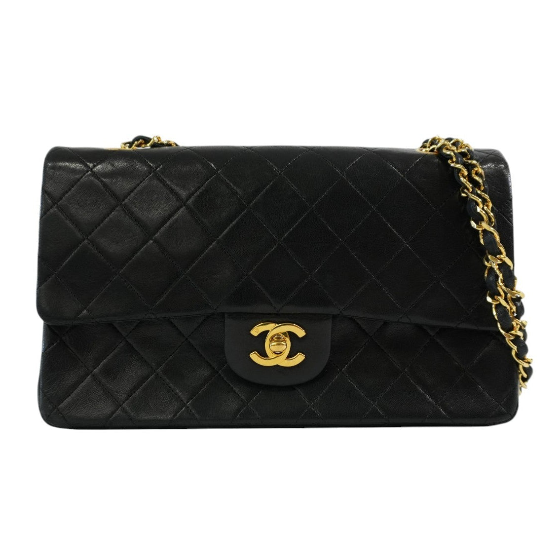Pre-owned Chanel Lambskin Leather Double Flap Chain Shoulder Bag Black