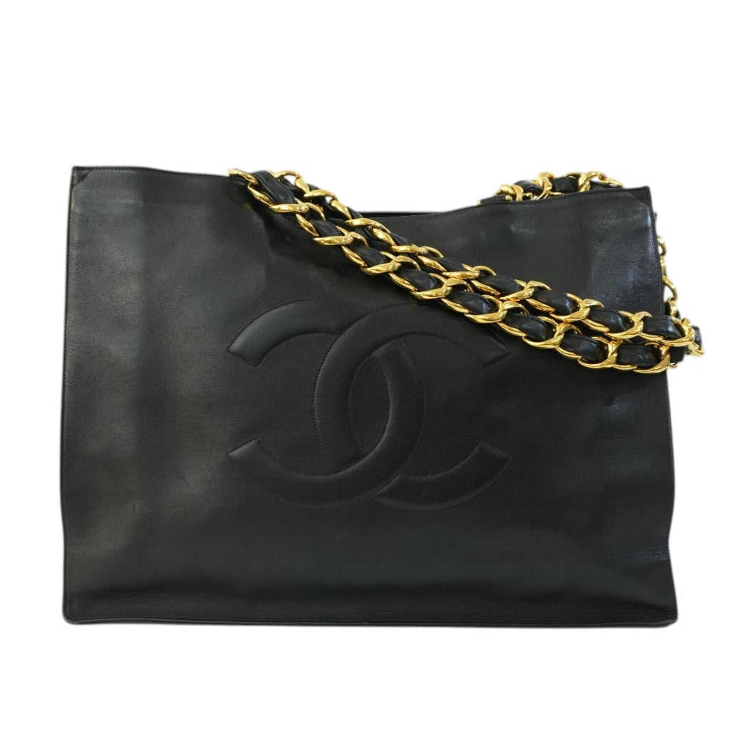 Chanel Lambskin Leather Chain Tote Bag Black Used
