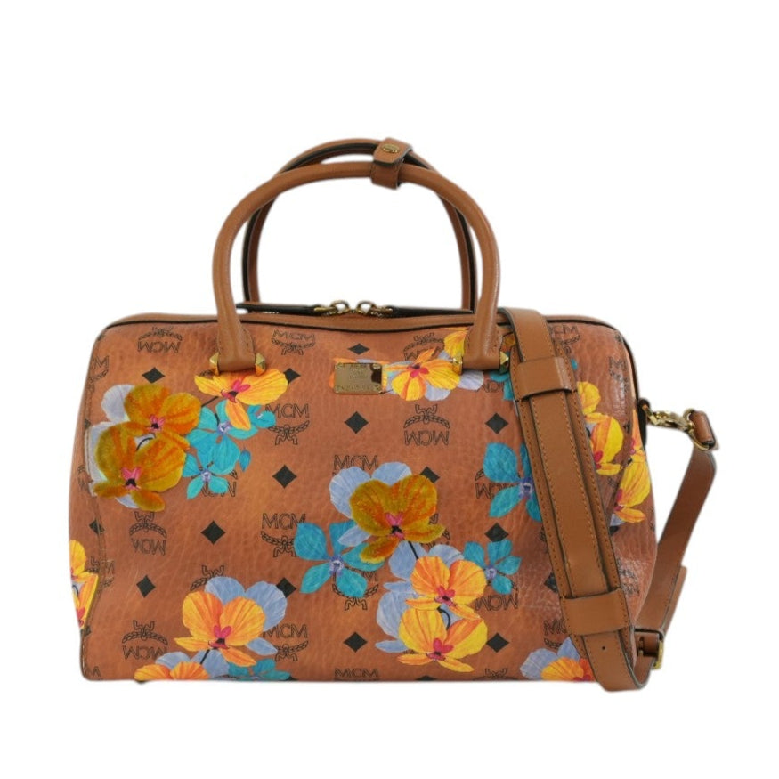 Pre-owned MCM Orchid Floral Two Way Visetos Mini Boston Cognac Used
