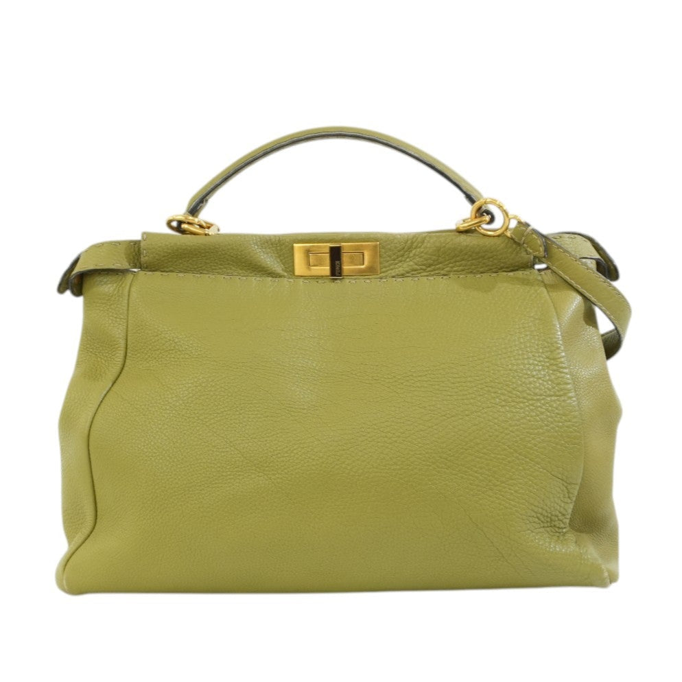 Pre-owned Fendi Calfskin Leather Peek a Boo Shoulder Bag Green Used