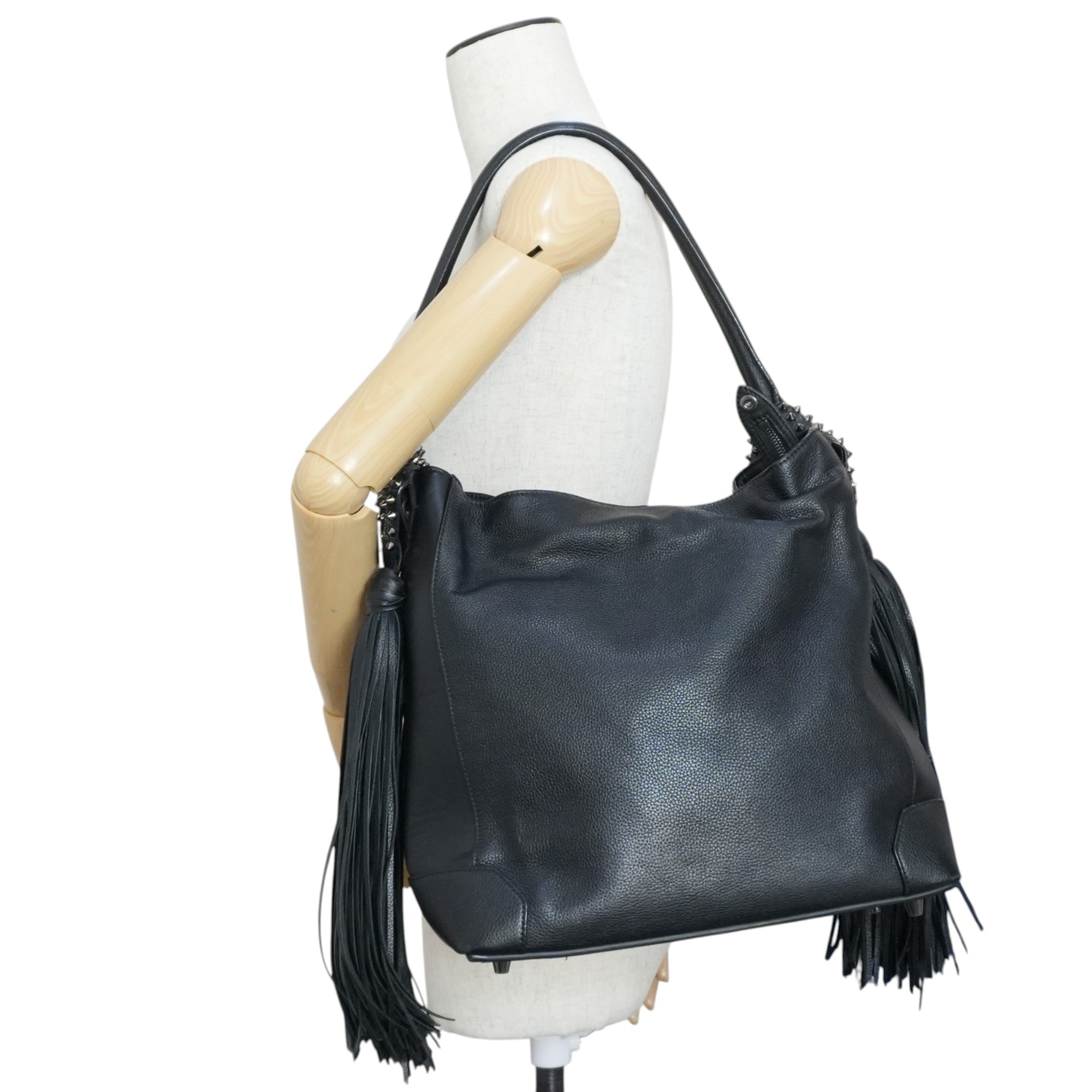 Christian Louboutin Leather Tassel Hobo Shoulder Bag Black Used